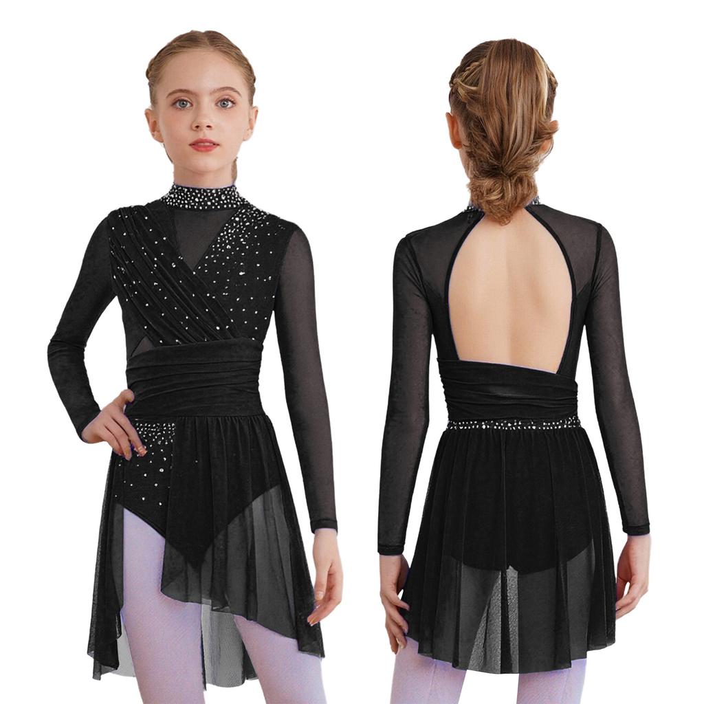 Jenter Lyrisk Dansedrakt Mock Neck Lange Ermer Utringet Rygg Sidesplitt Gjennomsiktig Mesh Rynkede Leotarder