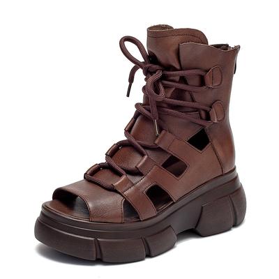 Mode 6,5CM Retro Echtes Leder Zehensandalen Damen Sommer Plateau Erhöhend Hohler Reißverschluss hinten High Top Lässige Sandalen Schwarz