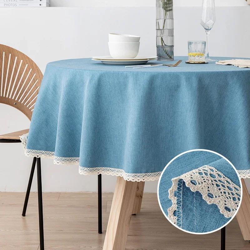 Modern Minimalist Linen Solid Round Tablecloth Handmade Lace Thickened Table Cloth Waterproof Dustproof Table Cover