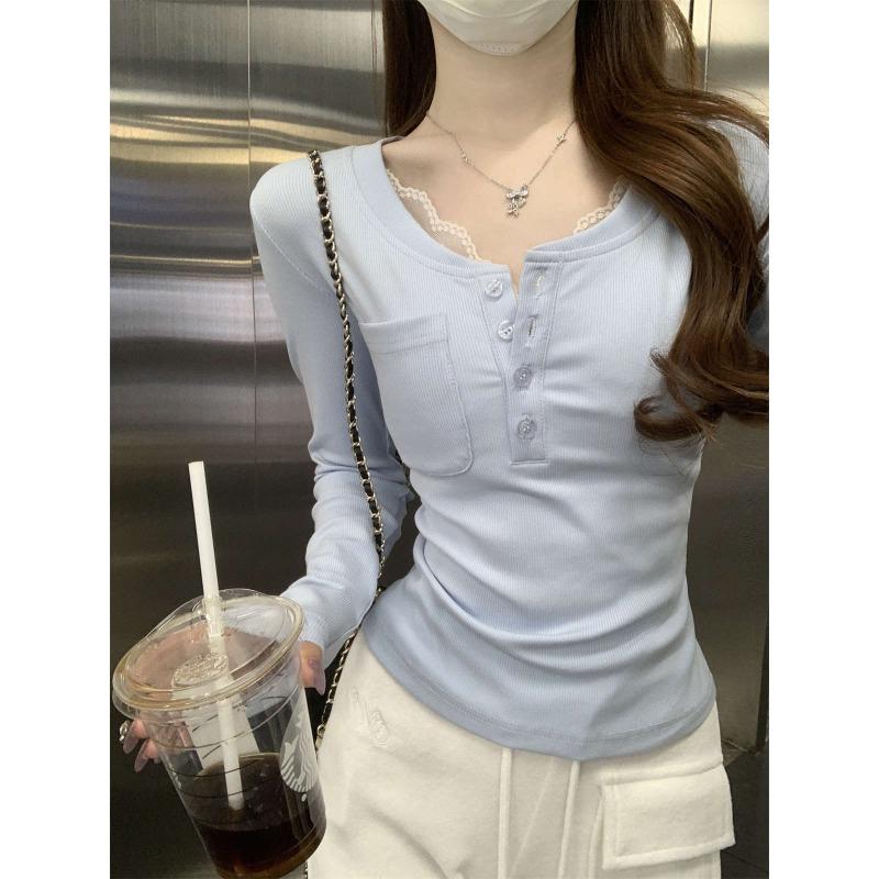 Baby blue half-open neck front shoulder bottom top women's spring and autumn slim-fit sweet hottie long-sleeved shirt with chest pad suspenders