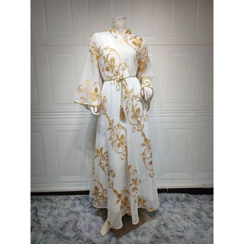 

Western Style Embroidered Mesh Belt Dress Fashion Party Guest dresses Embroidered Mesh Dress White L