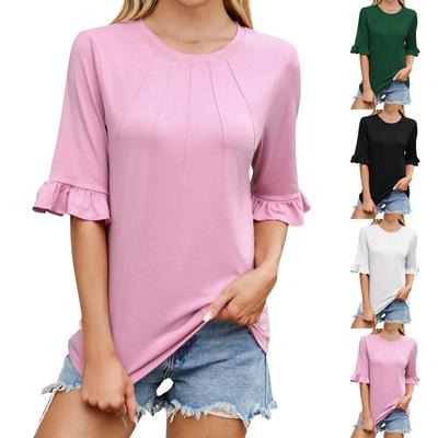 Women's Fashion Solid Color Folded Round Neck Mid Sleeve Casual T-shirt Top