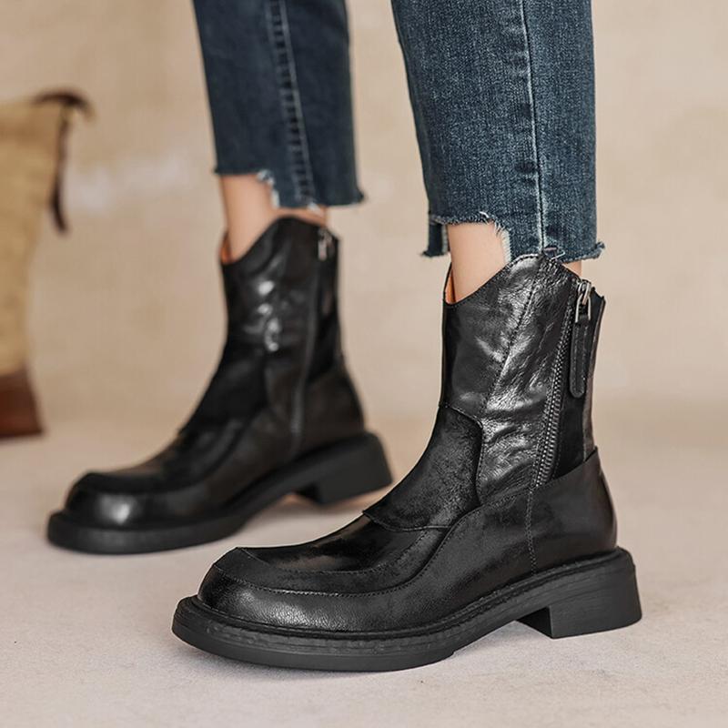 Fashion NEW Autumn Women Boots Genuine Leather Shoes for Women Round Toe Chunky Heel Shoes Zip Platform Boots Casual Black Ankle Boots