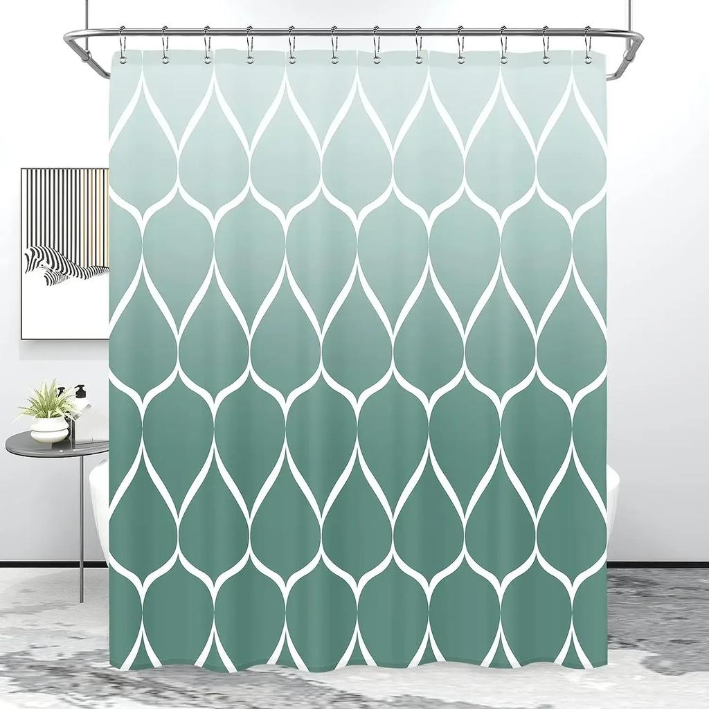 Fabric Geometric Shower Curtain, Mid-Century Modern Geometric Herringbone Chevron Blue Black Gray Square Bathroom Decoration
