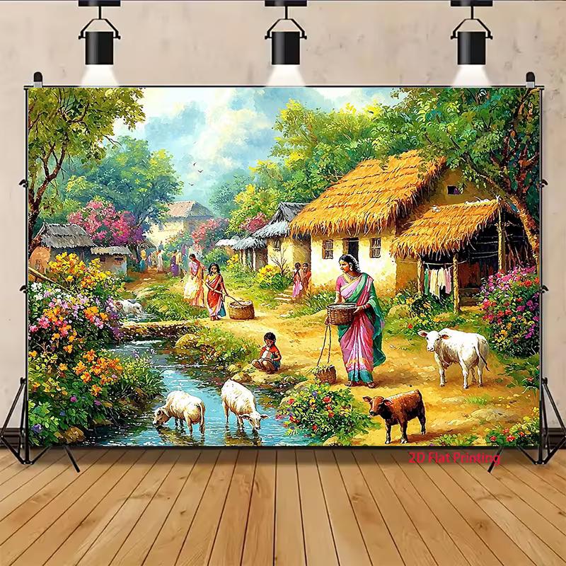 2D Indian Farm Life Backdrop, Traditional Village Scene Party Background