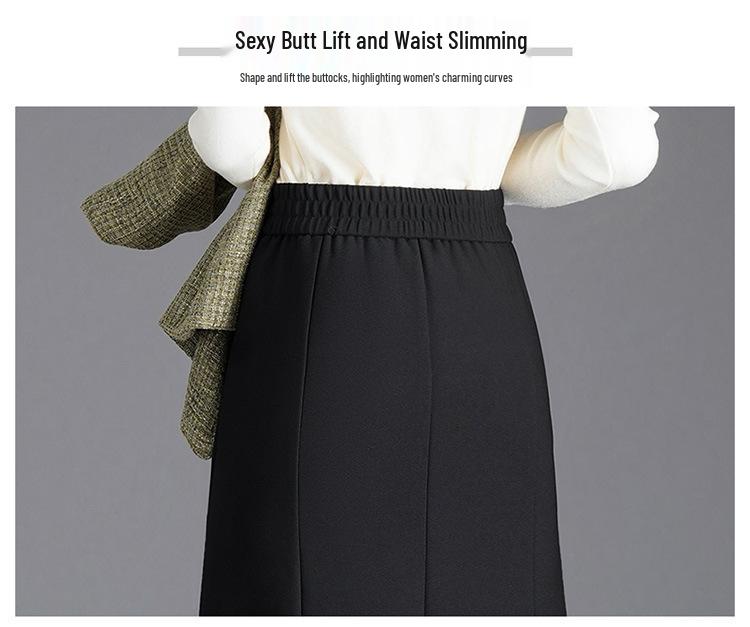 Elegant Black Mid-Length Fishtail Skirt - Autumn/Winter, Elastic High Waist, Plus Size Women's Clothing