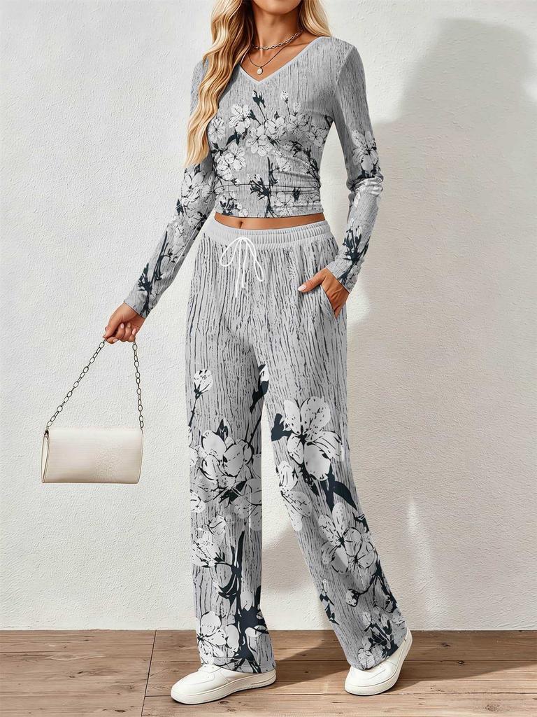 Spring and Autumn Ladies V-Neck Long Sleeve Pants Set Comfortable Casual Versatile Slim Two-piece Set