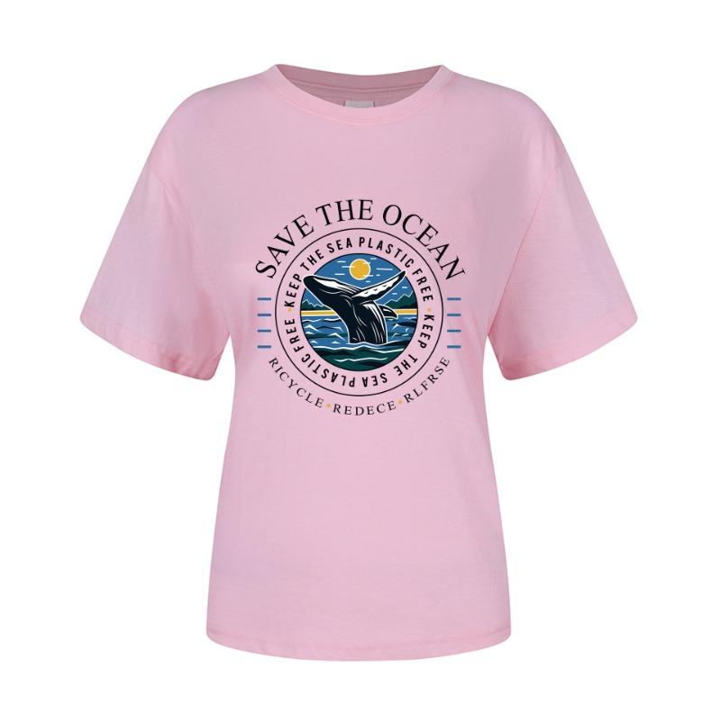 Spring Summer Whale Swimming Letter Pattern Printed Loose Fitting Cotton Short Sleeved Round Neck T-Shirts Women’s