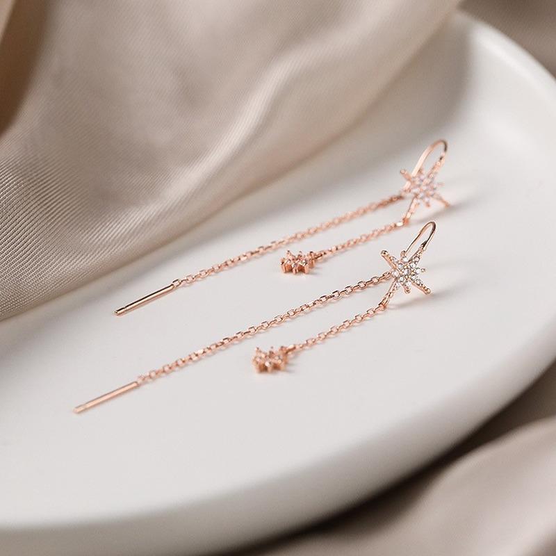 New 925 Silver Star Inlaid Zircon Earrings Ladies Temperament Long Tassel Earrings Simplicity Luxury Jewelry Silver Color Gifts