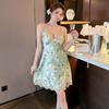 Spring and Summer Ladies Pajamas Printed Lily Ice Silk Pajamas Sexy Lace Suspender Loungewear