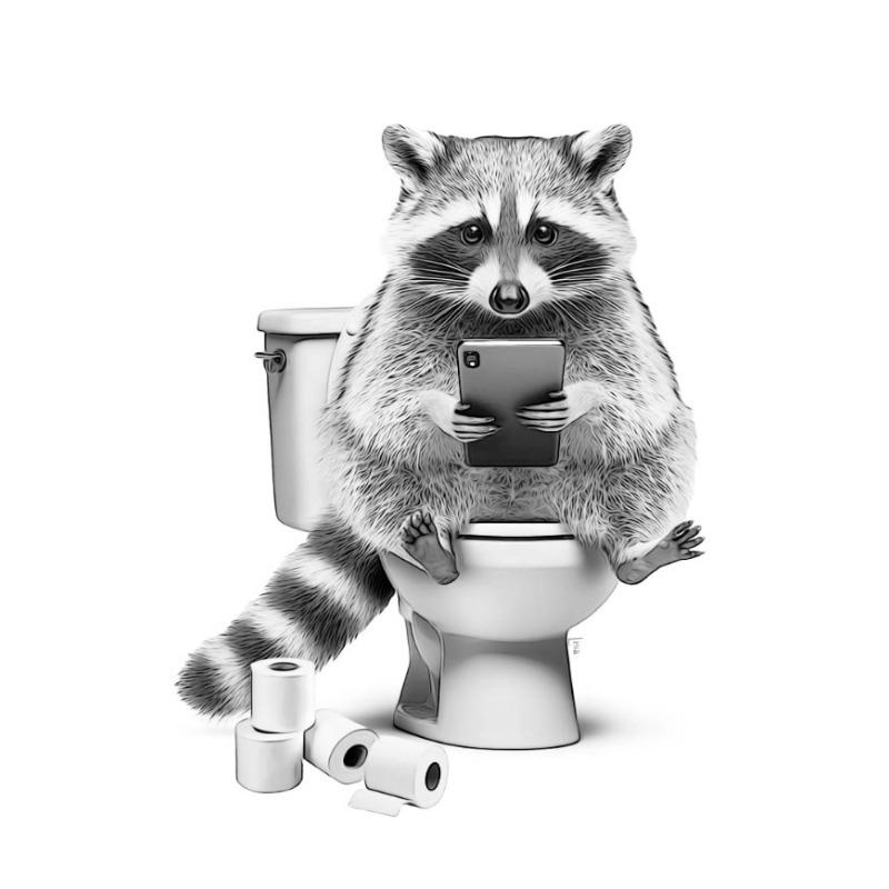 Black and White Funny Bathroom Poster Toilet Shark Bear Raccoon with Brush and Soap Canvas Painting Room  Home Wall Decors