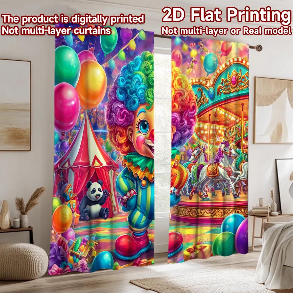 2D Flat Printing 2pcs Window Curtains Clown Circus Carnival Joy Digital Printed Polyester Drapes Festive Curtains for Indoor