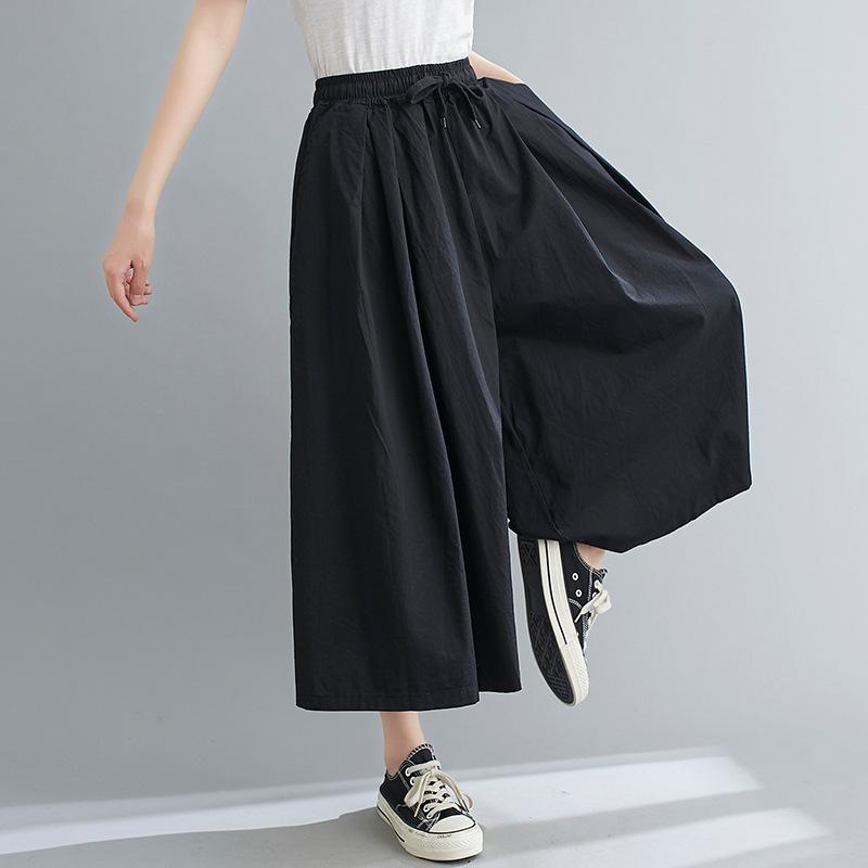 Damen elastische Taille Weites Bein Hose Locker Culottes Einfarbig Lässig Cropped Hose