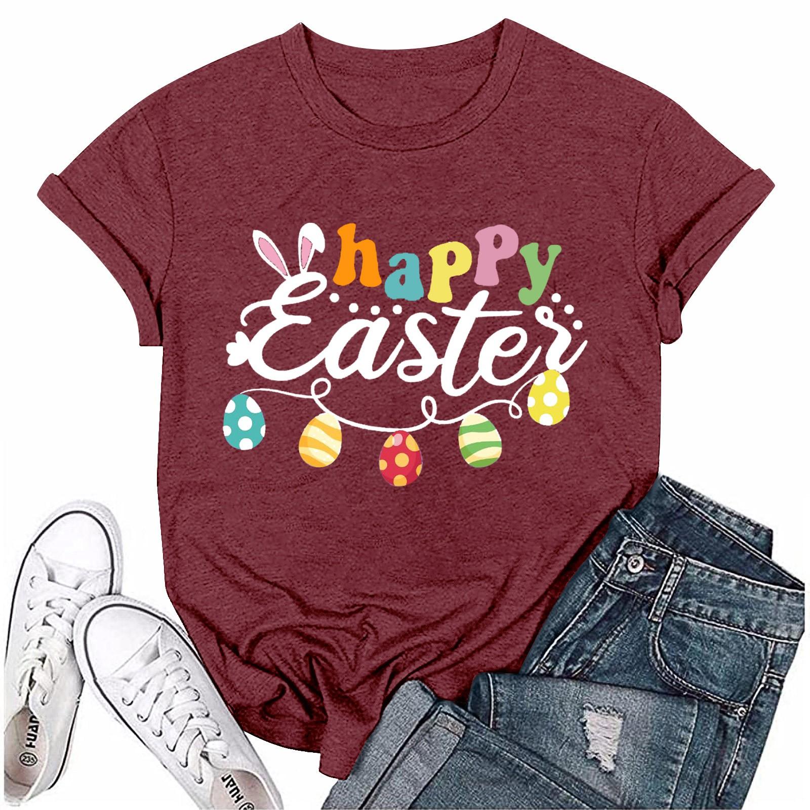 

Жіноча Мода Великодній Принт Повсякденна Плісирована Футболка Топ з Круглим Коротким Рукавом XXL винний