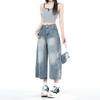 Fashion Summer Slub Fabric Curved Cropped Capri Denim Pants For Women Loose Wide Leg Trendy Versatile Slimming FigureFlattering Design