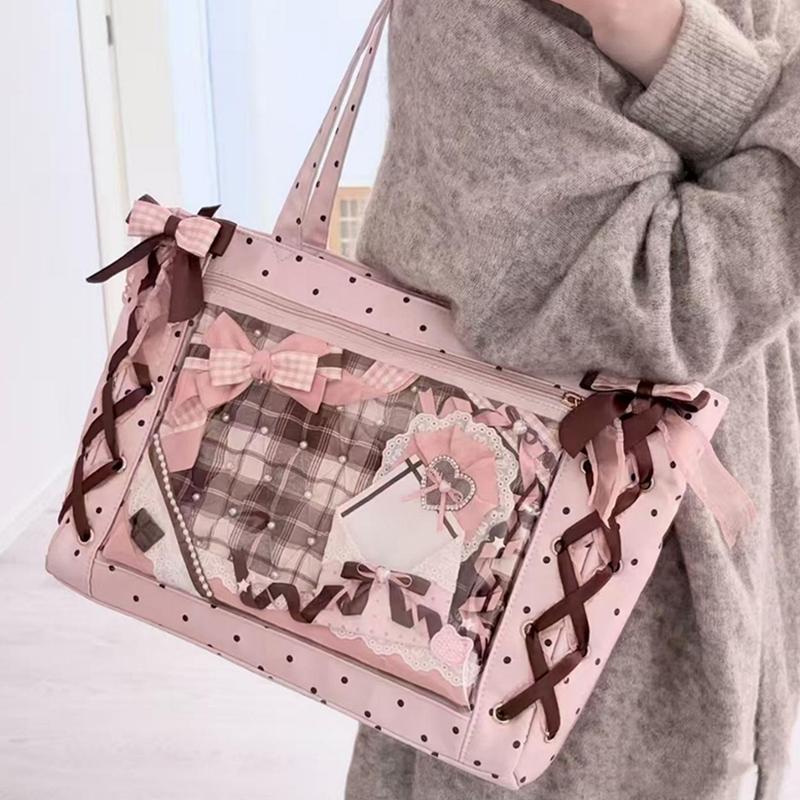 Cute Polka Dot Canvas Tote Bag Women Large Capacity Shoulder Bag With Lace Bow Ribbon Decor Casual School Use Commuter Tote Bag
