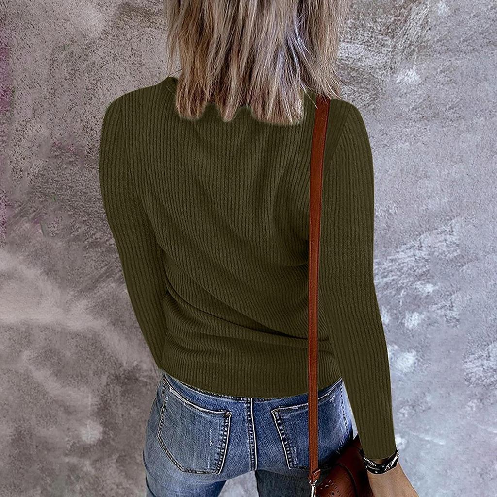 Womens Long Sleeve V Neck Button Casual Tops Ribbed Color Shirts