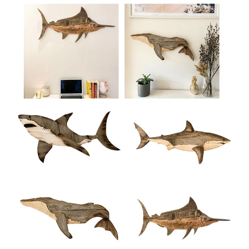 Holz-Meeresfisch-Figur Handgeschnitzt Rustikale Segelskulptur Wandbehang Dekoration für Häuser mit Strandthema