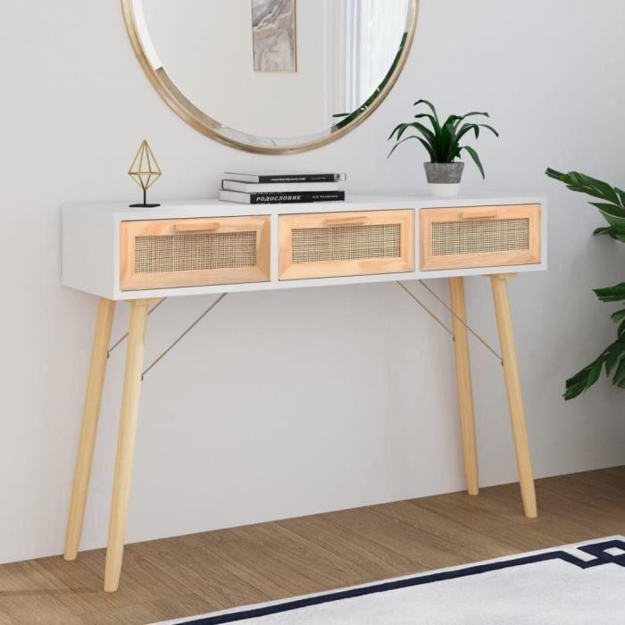 VidaXL Table console Blanc 105x30x75 cm Bois massif pin -rotin naturel 345627
