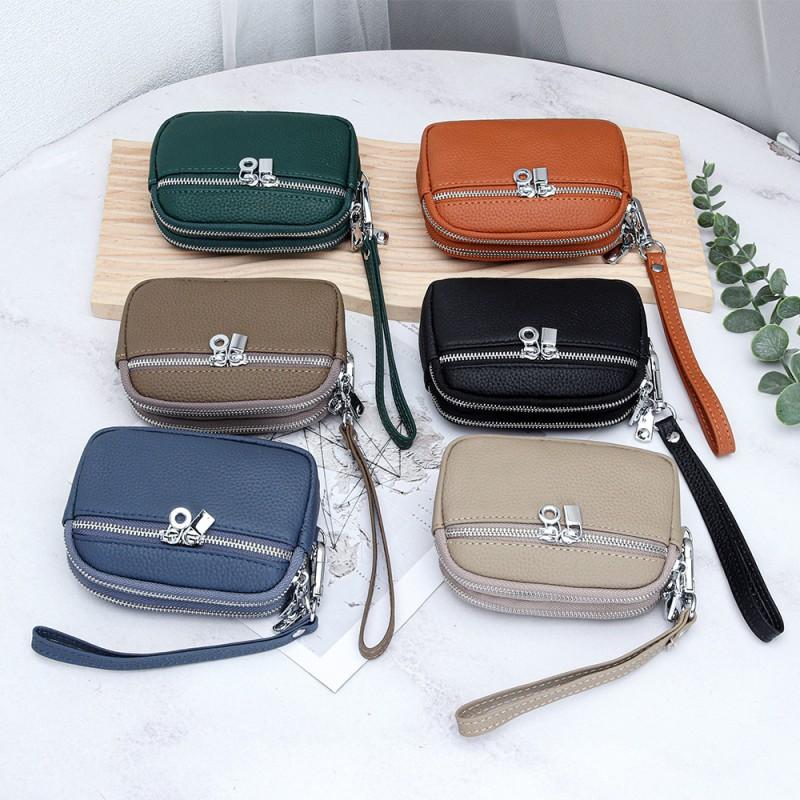 First-layer Cowhide Women's Mini Small Bag Change Purse Leather Large-capacity Double-zipper Multifunctional Clutch