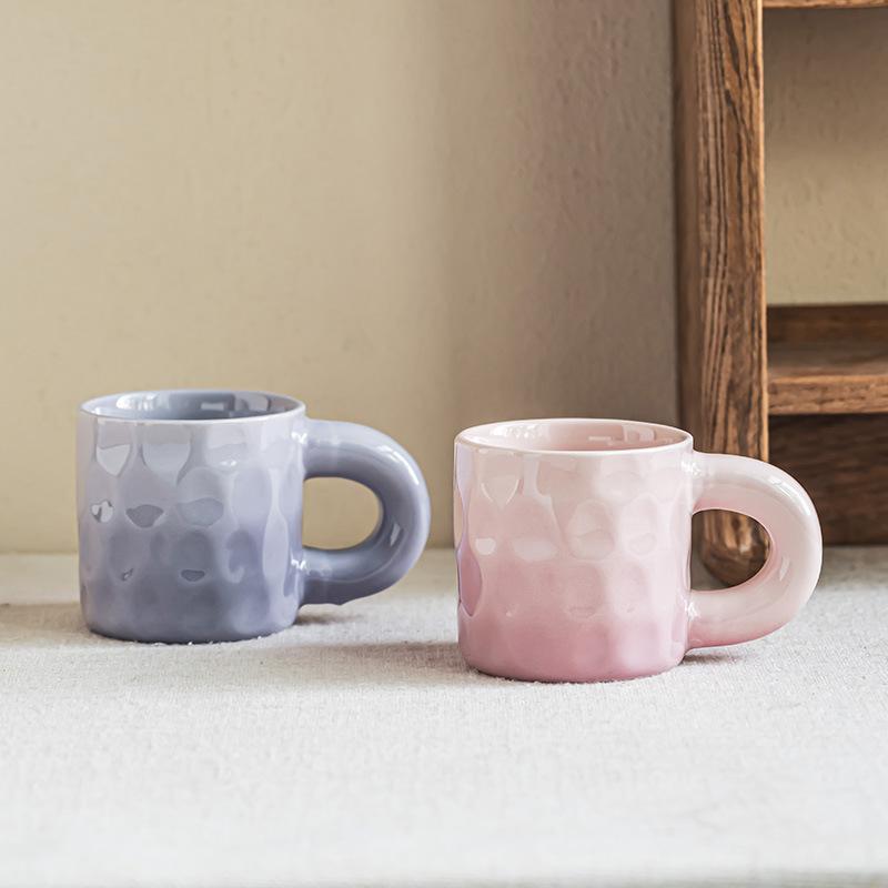 Ceramic solid color mug Home daily drinking cup Breakfast milk Oat cup Round fat handle coffee cup