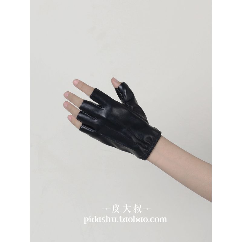 

Uncle Leather Dark Cyberpunk Open Finger Gloves Functional Style PU Leather Half Finger Finger Division Elastic Mouth Gloves Kuchao Black