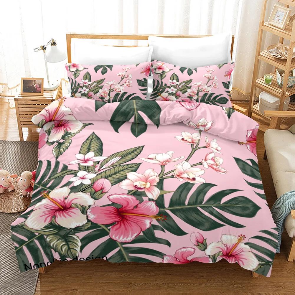 Plant Flower Double Bed Cover Set For Women Girls Print Peach Blossom, Cherry Blossom, Rose Red Pink Comforter Cover Set Queen