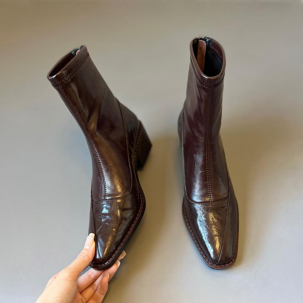 The first layer of cowhide! Square head thick heel short boots soft leather splicing Chelsea boots women's black boots thin boots