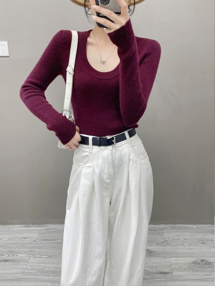 

Стильный облегающий кашемировый вязаный свитер: U-образный вырез, рубчик, дизайн с длинным рукавом для формирования фигуры 2XL