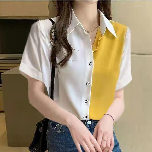 Women's Color Block Long Sleeve Chiffon Blouse - Korean Style, Spring/Autumn Versatile Loose Top