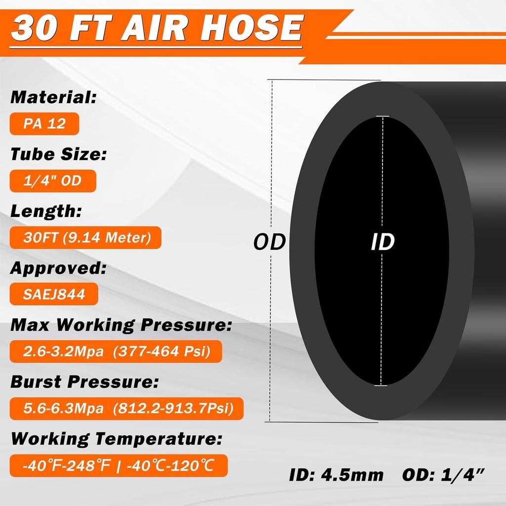 Air Line Kit For Air Spring Bag Suspension With Fittings, 30 FT PA Hose Truck Airbag Line With 1/4 NPT DOT Air Fittings, Replacement Valve For Airbag