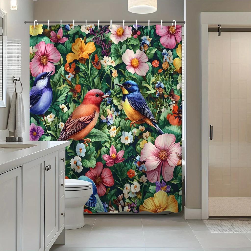 1pc Modern Garden Flowers Plants Animal Magpie Bird Shower Curtain, 12 Hooks Bath Shower Curtain, Bathroom Decor