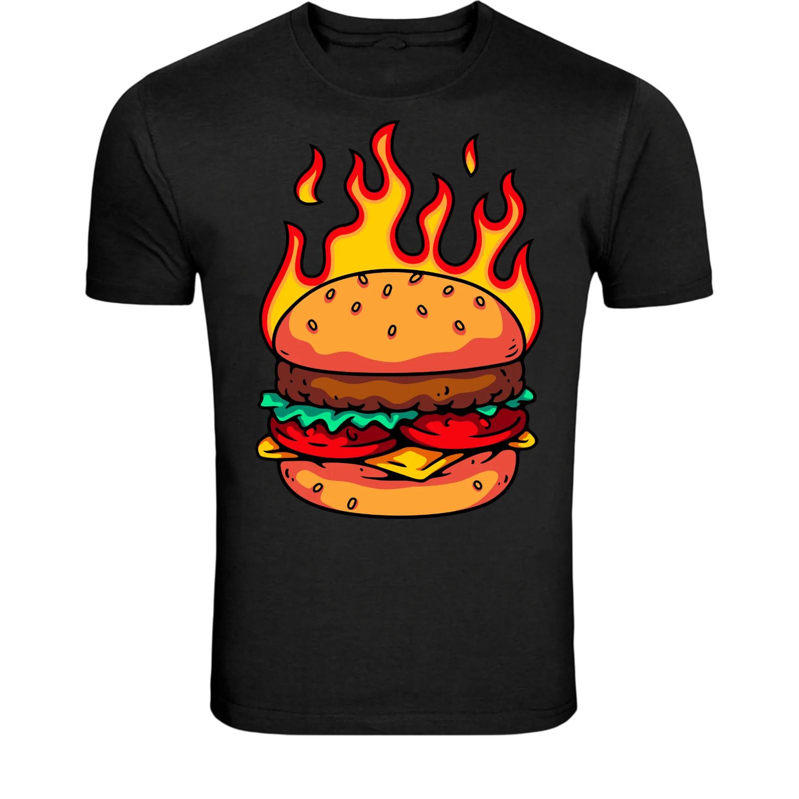 Flaming Burger Food Lover T-Shirt - Funny Fast Food Graphic Tee XL