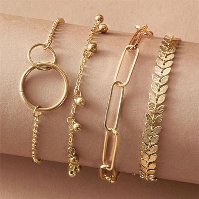 Fashion Women's Gold Bead Fishbone Chain Four-piece Combination Bracelet Set, Geometric Multi-layer Bracelet