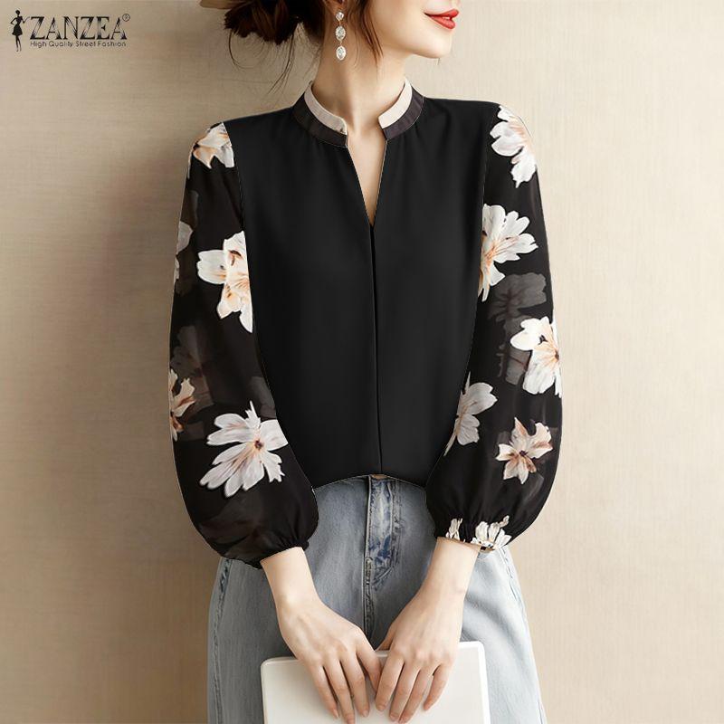 ZANZEA Women Casual V-neck Print Splice 3/4 Sleeve Loose Blouse