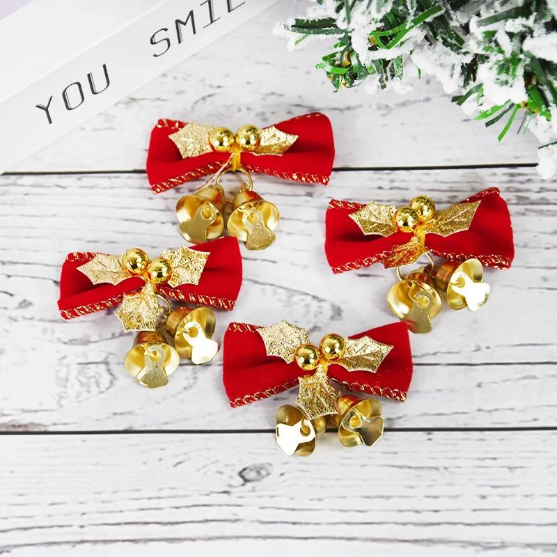 6pcs Christmas Bow With Bell Mini Xmas Tree Bowknot Pendant Ornaments For Home Decoration 2024 Navidad New Year Party DIY Gifts