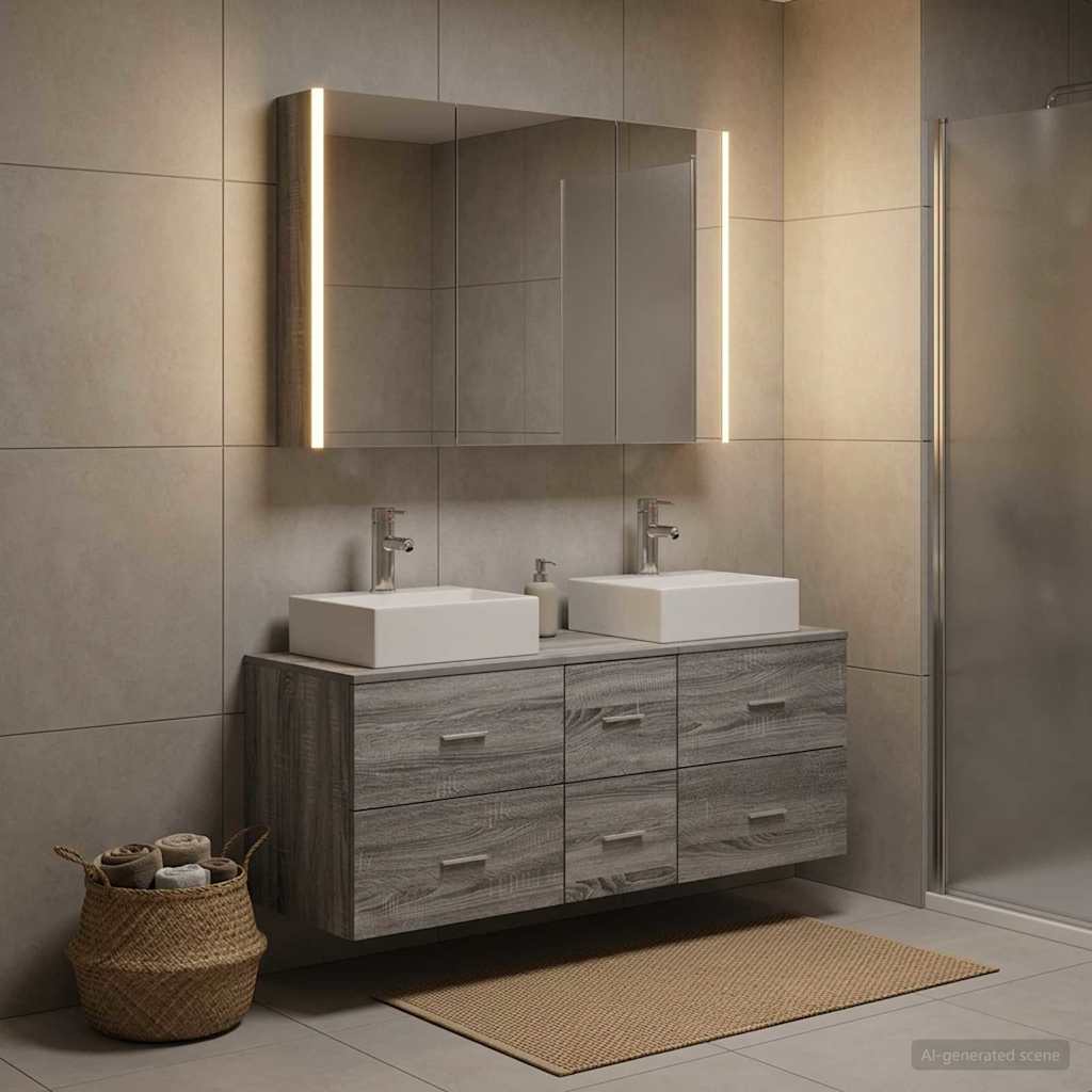 Bathroom Furniture Set 4 Pcs Grey Sonoma Engineered Wood and Glass