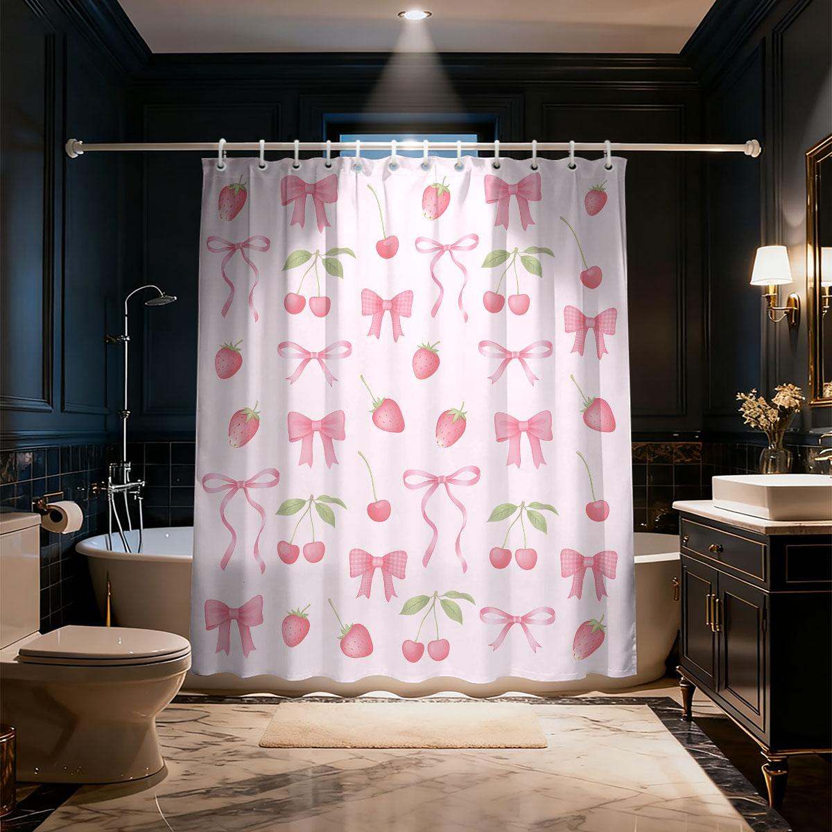 

1 Piece Pink Cherry Bow Printed Waterproof Bathroom Partition Privacy Shower Curtain, 12 Hooks, Multiple Sizes, Machine Washable W60H190(CM)-1 Pcs
