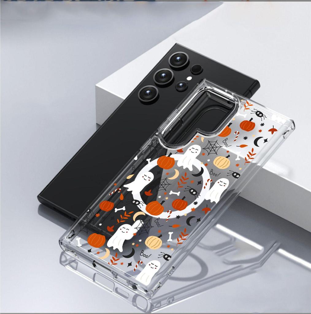 White Skull Magnetic Transparent Full Coverage Case for iPhone 15/16/17 Pro Max.