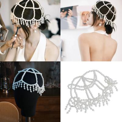 Women Hat Pearls Hair Jewelry Bridal Modern Blingbling Tassels Pearls Hat for Bride Wedding Party Head Chain