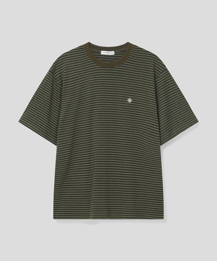 SLOW RECORD HOUSE Striped Short Sleeve T-Shirt_Khaki