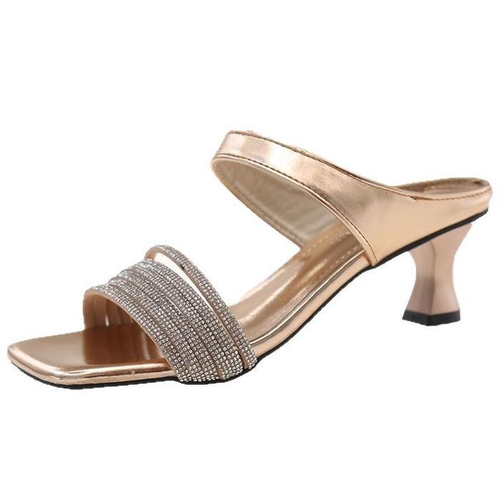 One word medium heel thick heel rhinestone square head 2025 summer women's cool slippers fashion summer high heel outer slippers