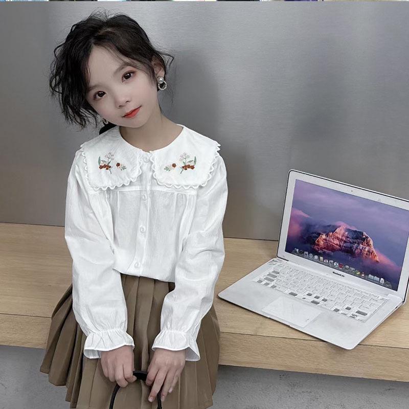 2024 Spring/Autumn Girls' White Cotton Shirt, Turn-Down Collar, Fashionable Student Top