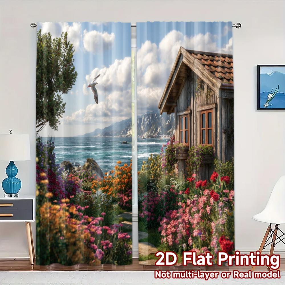 2pcs, 2D FLAT PRINTING Curtains (Without Rod) Seaside Cottage Popular Curtain Polyester Curtains Decorations Outdoor Suitable