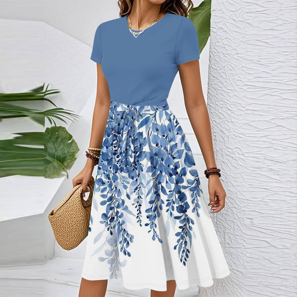 Women's Casual Fashion Belted Floral Printed Short Sleeve Round Neck Elegant Flowing Dress