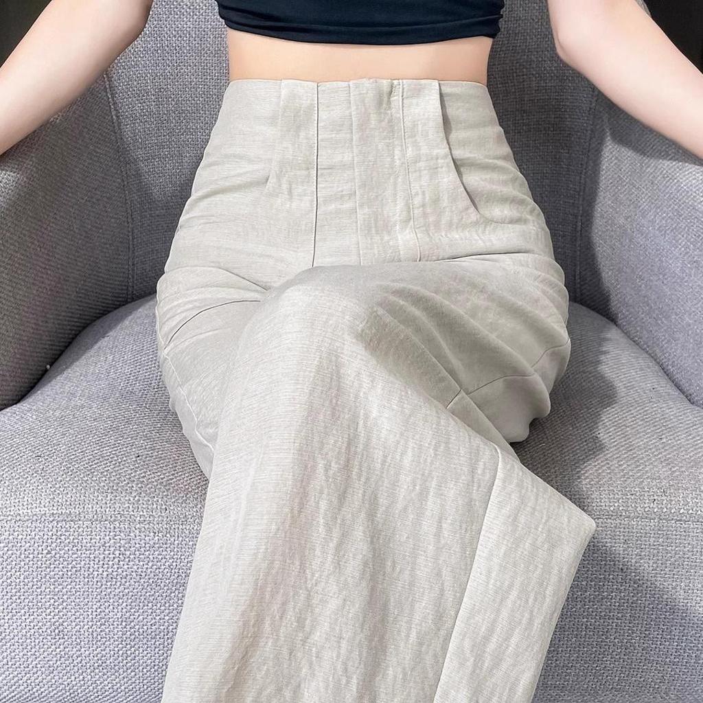 Women's High-Waist Tencel Cotton Linen Wide-Leg Pants - Summer Thin, Floor-Length, Straight Casual Design