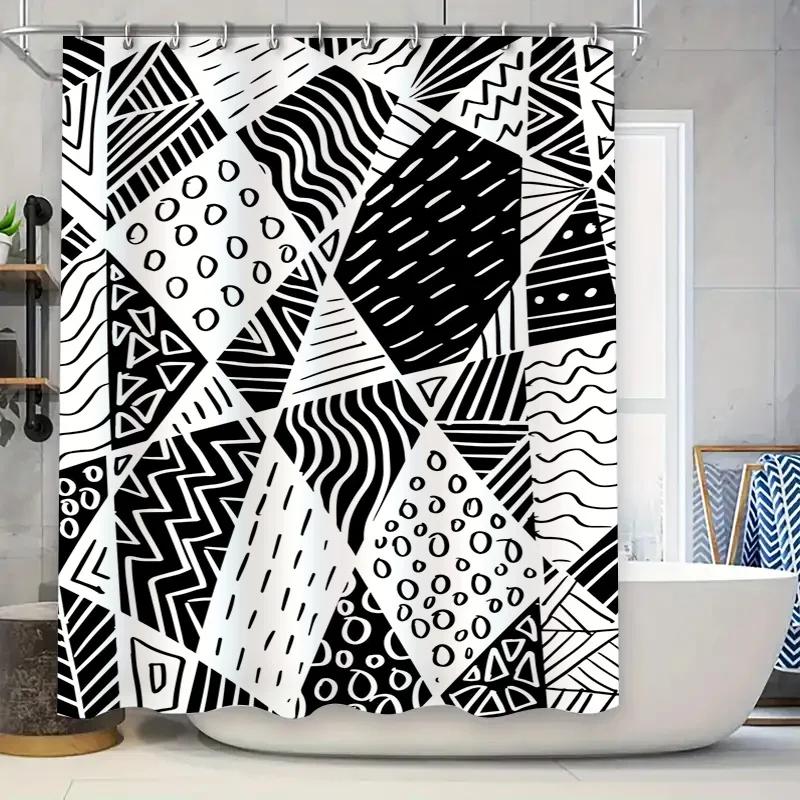 Black White Geometric Print Shower Curtain Modern Bathroom Decor Waterproof Fabric For Home Bathrooms Available In Various Sizes