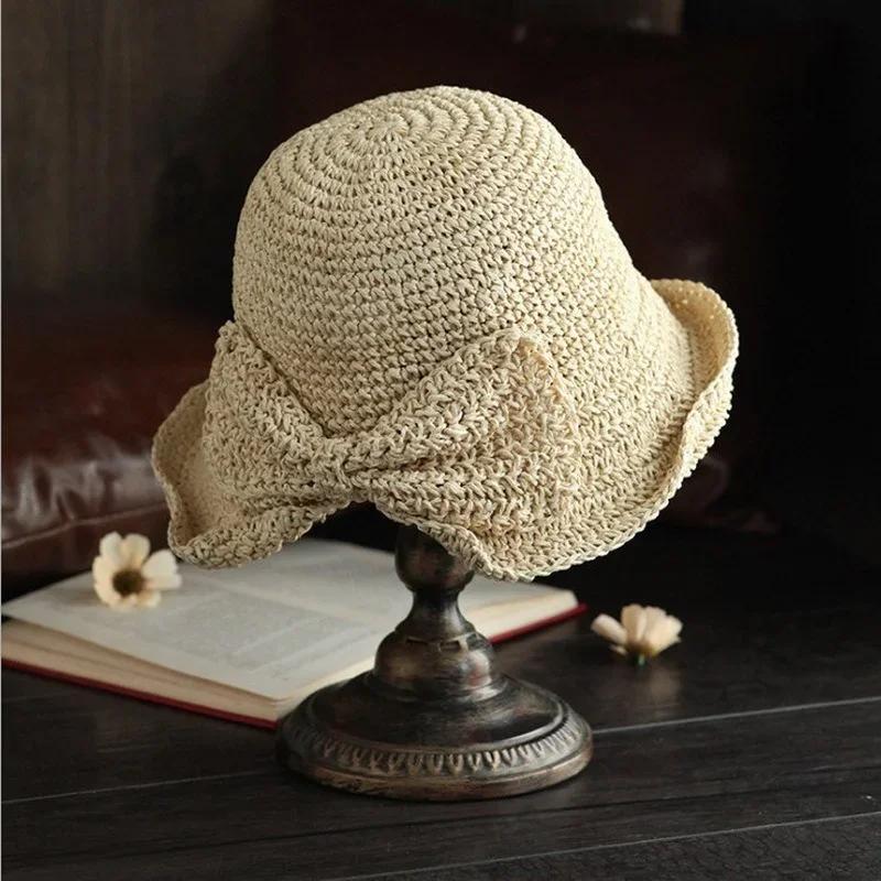 1 Pcs New Sun Sunshade Hat for Women Folding Bow Japanese Artistic Resort Beach Straw Weaving Hat