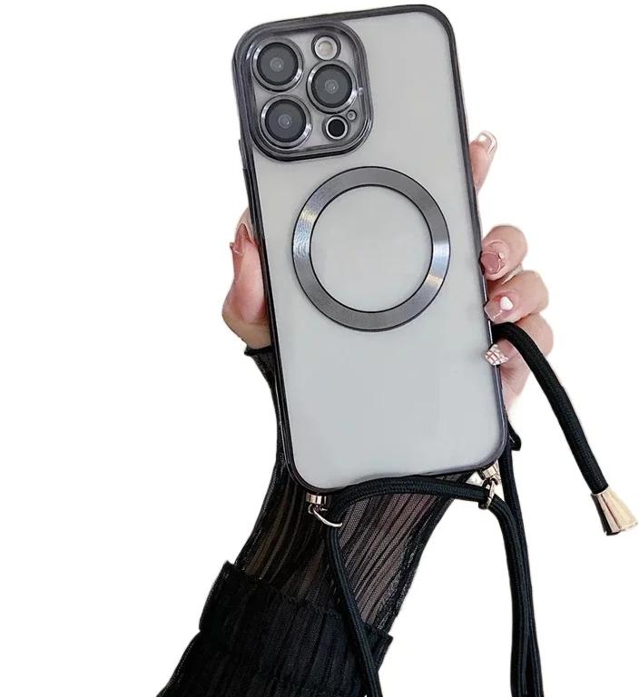 Electroplated transparent magnetic Magsafe wireless charging case suitable for iPhone 16 15 14 12 13 Pro Max  neckla case