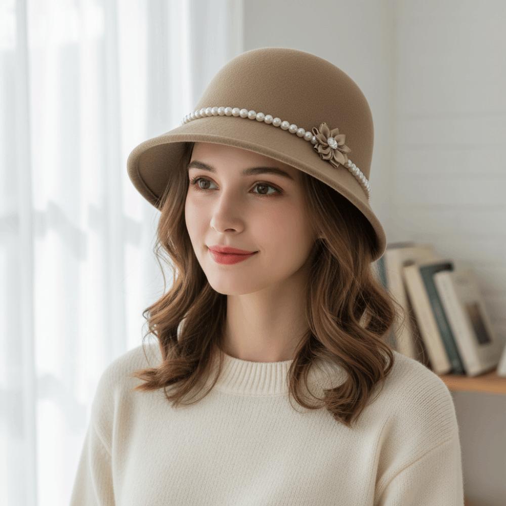 French Style Flower Topper Hat Pearl Woolen Bucket Hat Fashion Fisherman Hat  Lady